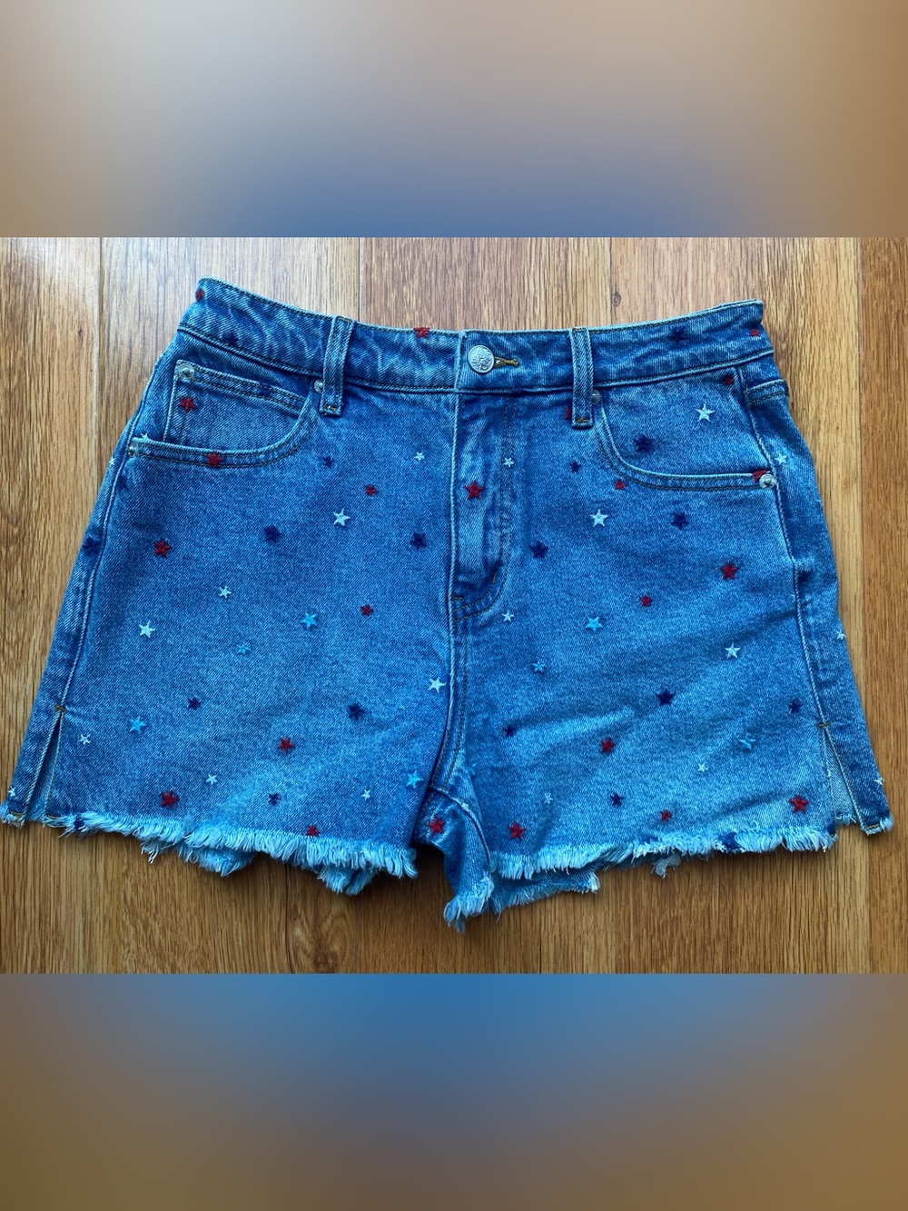 Altar'd State Blue Denim Star-Embroidered Shorts- Med Denim